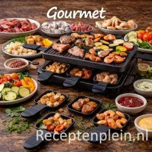 Gourmet ideeën en gourmet gerechten met vlees, vis en groenten op een rustieke houten tafel