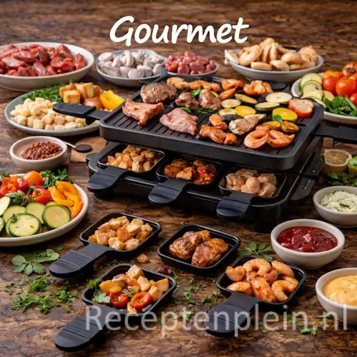 Gourmet ideeën en gourmet gerechten met vlees, vis en groenten op een rustieke houten tafel
