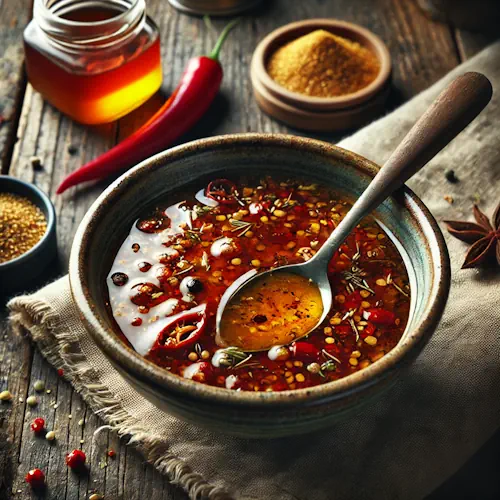 Honing mosterd marinade barbecue met kruiden in kom op rustieke houten tafel