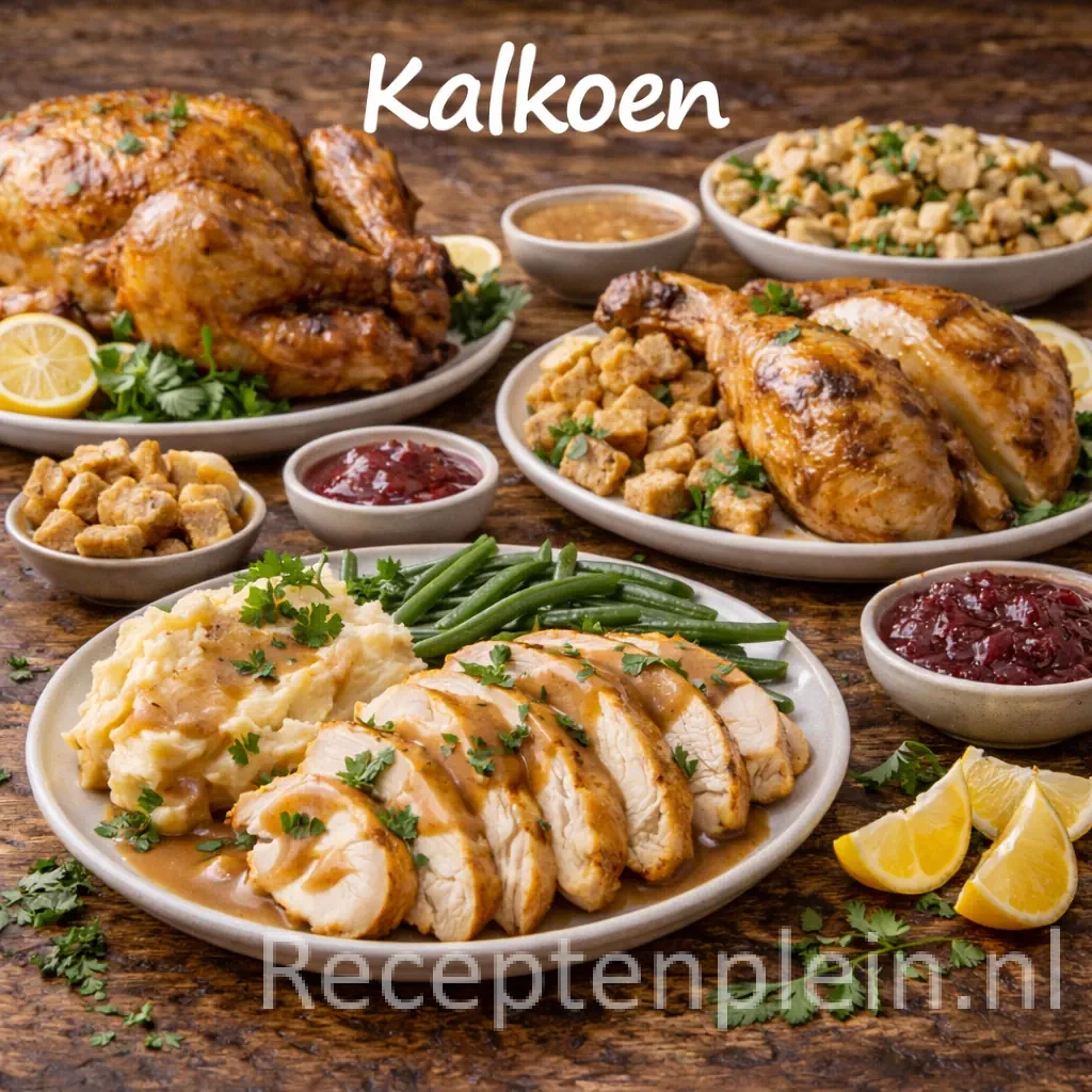 Kalkoen recepten met verschillende gerechten met kalkoen op een rustieke houten tafel