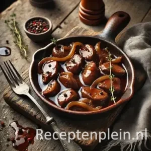 Kippenlevers in sherrysaus op rustieke houten tafel