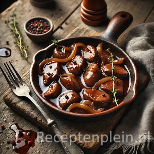 Kippenlevers in sherrysaus op rustieke houten tafel