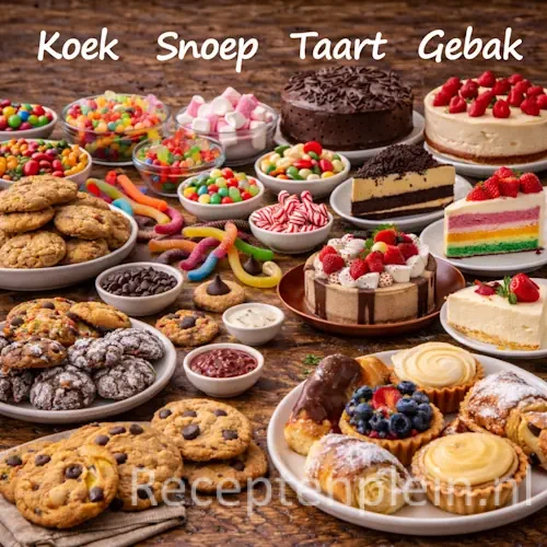 Koek snoep taart en gebak met verschillende zoete lekkernijen op een rustieke houten tafel