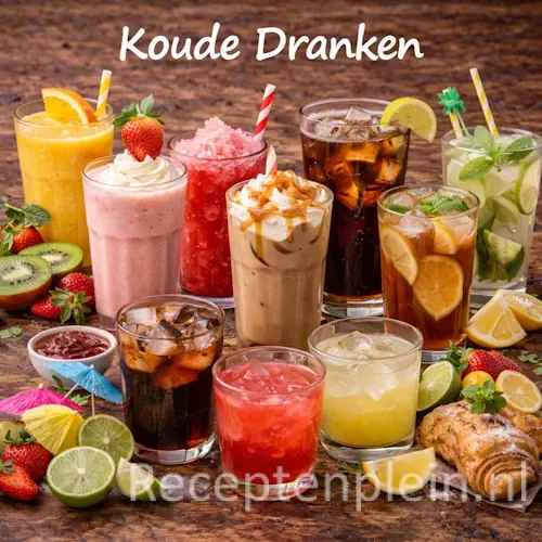 Koude dranken recepten met smoothies, limonades en mocktails op een rustieke houten tafel