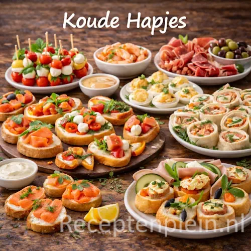 Koude hapjes recepten met wraps, gevulde eieren en borrelhapjes op een rustieke houten tafel