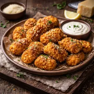 airfryer kip nuggets krokant op rustieke houten tafel