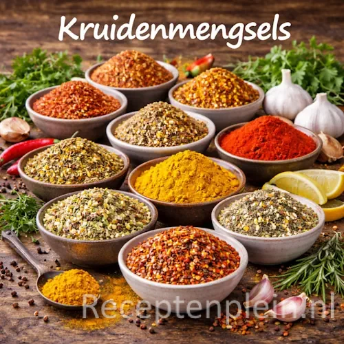 Kruidenmengsels recepten met diverse kruiden en specerijen op een rustieke houten tafel