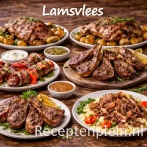 Lamsvlees recepten met gegrild lamsvlees en verse kruiden op een rustieke houten tafel