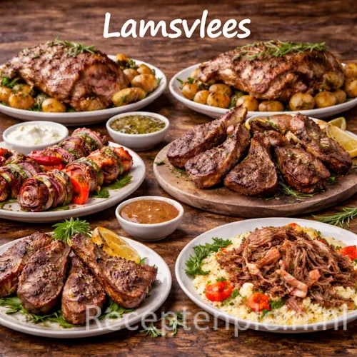 Lamsvlees recepten met gegrild lamsvlees en verse kruiden op een rustieke houten tafel