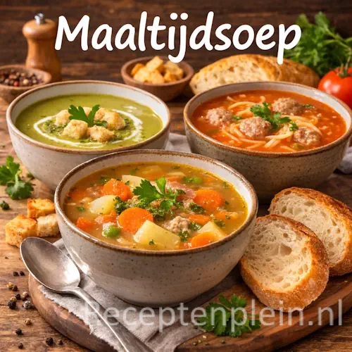 Maaltijdsoep met groenten, vlees en kruiden in een rustieke kom op een houten tafel