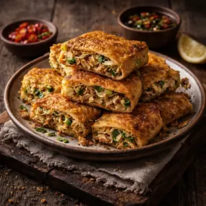 Maartabak met kip airfryer krokant op rustieke houten tafel