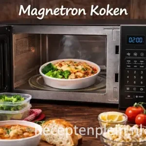 Magnetron koken met diverse gerechten en ingrediënten op een rustieke houten tafel