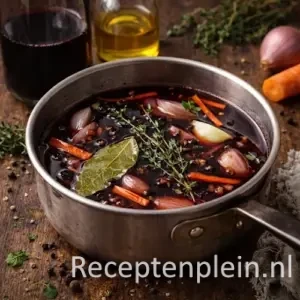 Marinade rundvlees BBQ op een rustieke houten tafel.