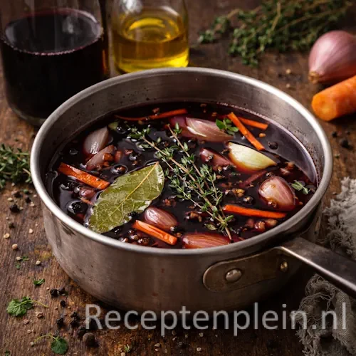 Marinade rundvlees BBQ op een rustieke houten tafel.