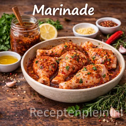 Marinade met kruiden, olie, knoflook en specerijen op een rustieke houten tafel