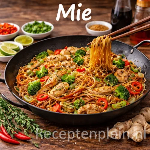 Mie met groenten, kruiden en Aziatische ingrediënten op een rustieke houten tafel