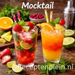 Rustieke houten tafel met vier kleurrijke mocktails: een rode mocktail met aardbei en rietje, een oranje mocktail, een groene mocktail met munt en een roze mocktail in een cocktailglas met kers. Op de voorgrond ligt een schaaltje met limoenschijfjes. Op de houten achtergrond staat in grote witte letters het woord 'MOCKTAIL'.