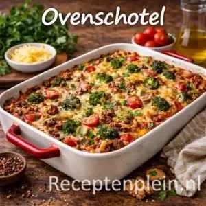 Ovenschotel met groenten, kaas en kruiden in een ovenschaal op een rustieke houten tafel