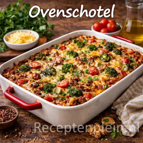 Ovenschotel met groenten, kaas en kruiden in een ovenschaal op een rustieke houten tafel