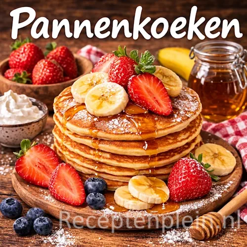 Pannenkoeken met fruit, stroop en poedersuiker op een rustieke houten tafel