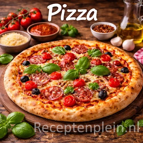 Pizza met verse toppings, kaas en kruiden op een rustieke houten tafel
