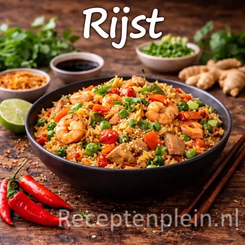 Rijst met groenten, kruiden en internationale ingrediënten op een rustieke houten tafel