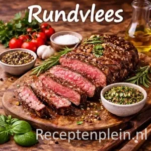 Rundvlees met groenten, kruiden en bijgerechten op een rustieke houten tafel