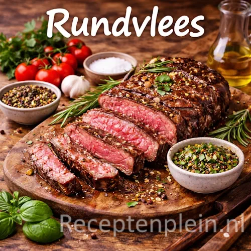 Rundvlees met groenten, kruiden en bijgerechten op een rustieke houten tafel