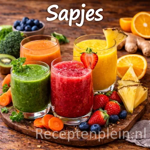 Sapjes met vers fruit, groenten en kleurrijke ingrediënten op een rustieke houten tafel