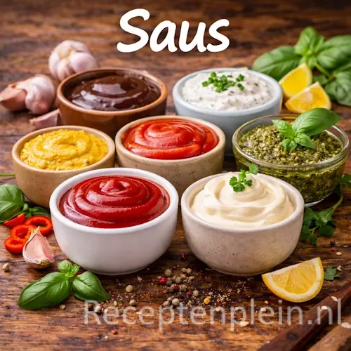 Saus met kruiden, groenten en smaakvolle ingrediënten op een rustieke houten tafel