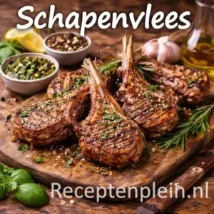 Schapenvlees recepten met mals gestoofd schapenvlees, groenten en kruiden op een rustieke houten tafel