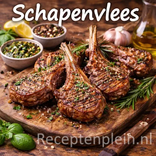 Schapenvlees recepten met mals gestoofd schapenvlees, groenten en kruiden op een rustieke houten tafel