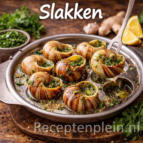 Slakken recepten met kruidenboter, knoflook en verse kruiden op een rustieke houten tafel
