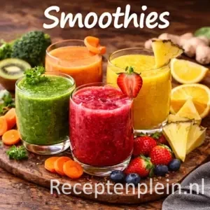 Rustieke houten tafel met vijf kleurrijke smoothies: groene smoothie met munt, twee roze aardbeiensmoothies (één met rietje), een bananensmoothie in een mason jar en een paarse bessensmoothie met blauwe bessen bovenop. Op de voorgrond liggen verse aardbeien en een schaaltje met schijfjes banaan en sinaasappel. Op de houten achtergrond staat in grote witte letters het woord 'SMOOTHIES'.