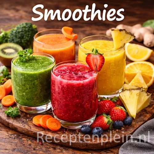 Smoothie recepten met vers fruit, groenten en gezonde ingrediënten in kleurrijke glazen