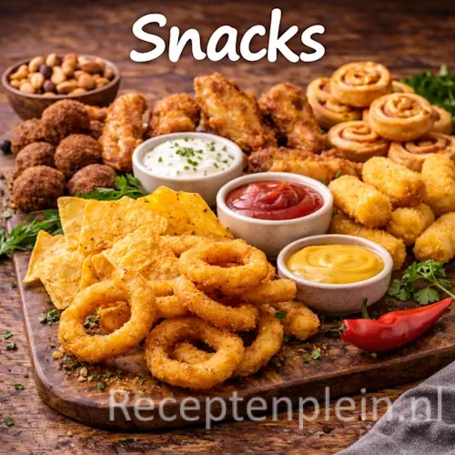 Snack recepten met warme en koude hapjes op een rustieke houten tafel