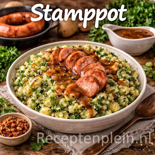 Stamppot recepten met aardappelen, groenten en traditionele Hollandse ingrediënten op een rustieke houten tafel