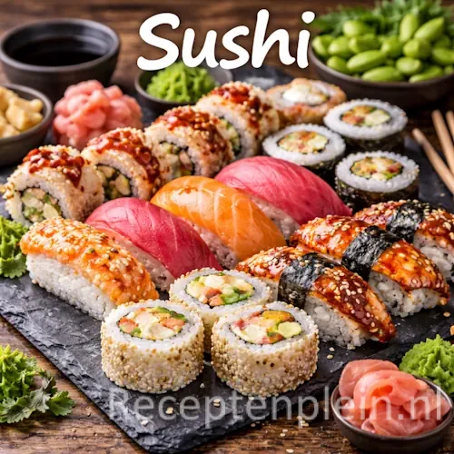 Sushi recepten met verschillende sushirollen, rijst, vis en groenten op een rustieke houten tafel
