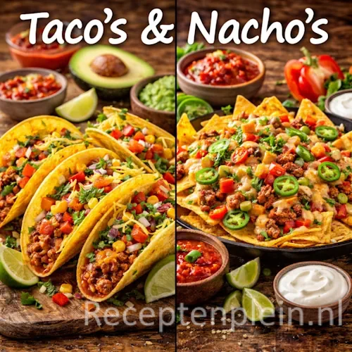 Taco's en Nacho's recepten met gevulde taco's, nacho's, salsa, kaas en verse toppings op een rustieke houten tafel