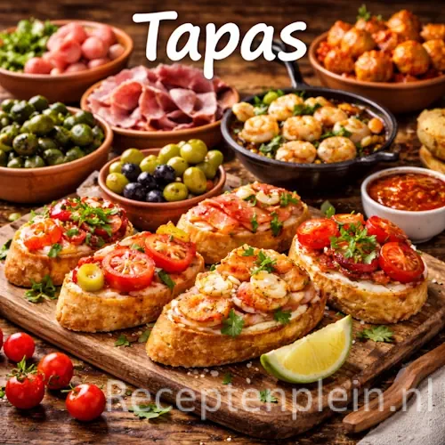 Tapas recepten met Spaanse hapjes, olijven, garnalen en kleine gerechtjes op een rustieke houten tafel