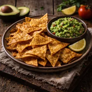 Tortillachips met guacamole airfryer knapperig op rustieke houten tafel