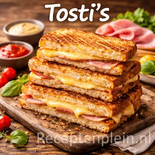 Tosti recepten met verschillende warme tosti's, kaas, groenten en kruiden op een rustieke houten tafel