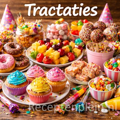 Tractatie recepten met kleurrijke feestelijke hapjes, cupcakes en zoete lekkernijen op een rustieke houten tafel