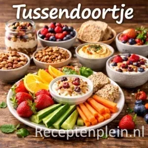 Tussendoortje recepten met gezonde en hartige snacks op een rustieke houten tafel