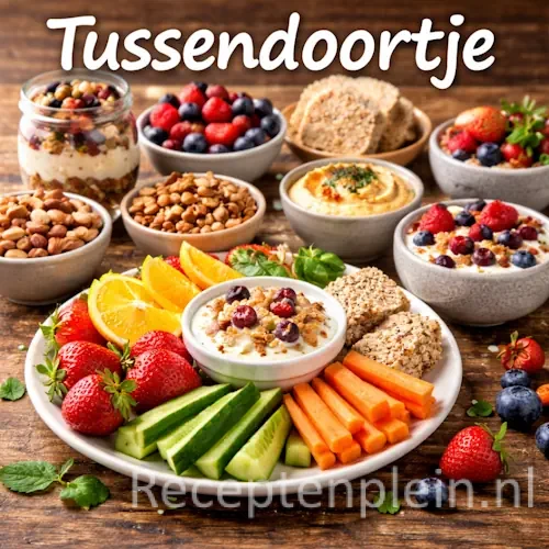 Tussendoortje recepten met gezonde en hartige snacks op een rustieke houten tafel