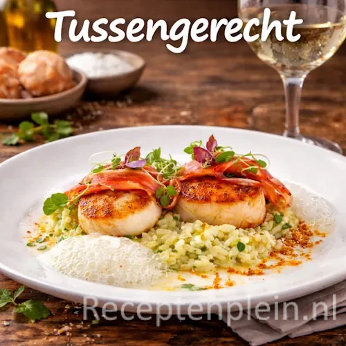 Tussengerecht recepten met verfijnde kleine gerechten en verse ingrediënten op een rustieke houten tafel