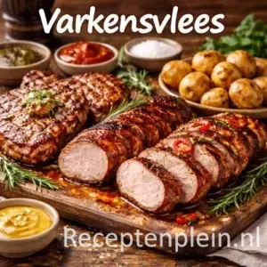 Varkensvlees recepten met mals vlees, groenten, kruiden en bijgerechten op een rustieke houten tafel