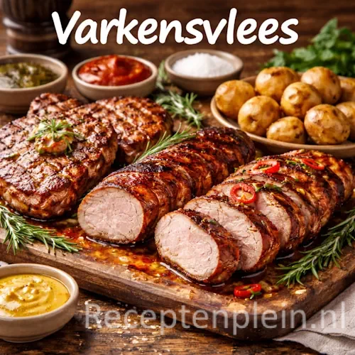 Varkensvlees recepten met mals vlees, groenten, kruiden en bijgerechten op een rustieke houten tafel