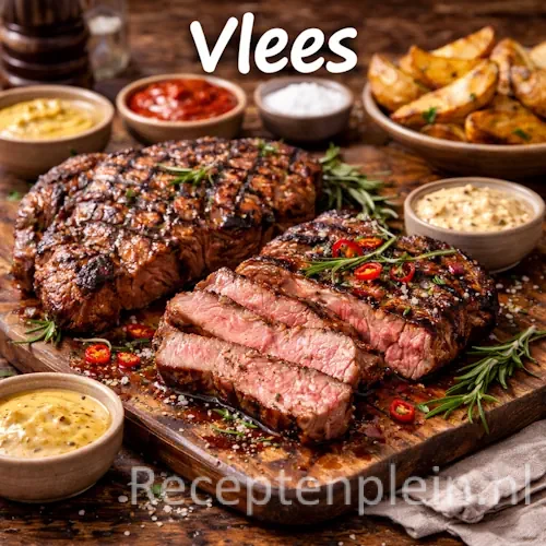 Vlees recepten met verschillende soorten vlees, groenten, kruiden en bijgerechten op een rustieke houten tafel