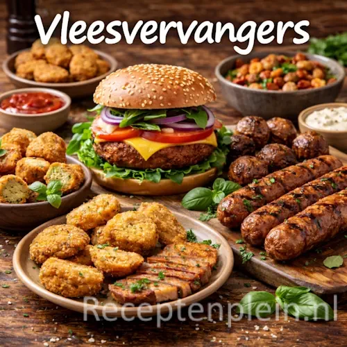 Vleesvervanger recepten met plantaardige ingrediënten, groenten en kruiden op een rustieke houten tafel